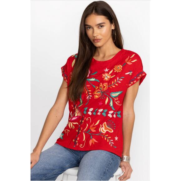 Johnny Was Averi Relaxed Red Tee 100% Cotton Botanical Embroidery Size Small - Picture 2 of 11